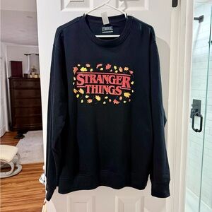 Netflix Stranger Things Black Crewneck with Red Logo and Autumn Leaf Accents